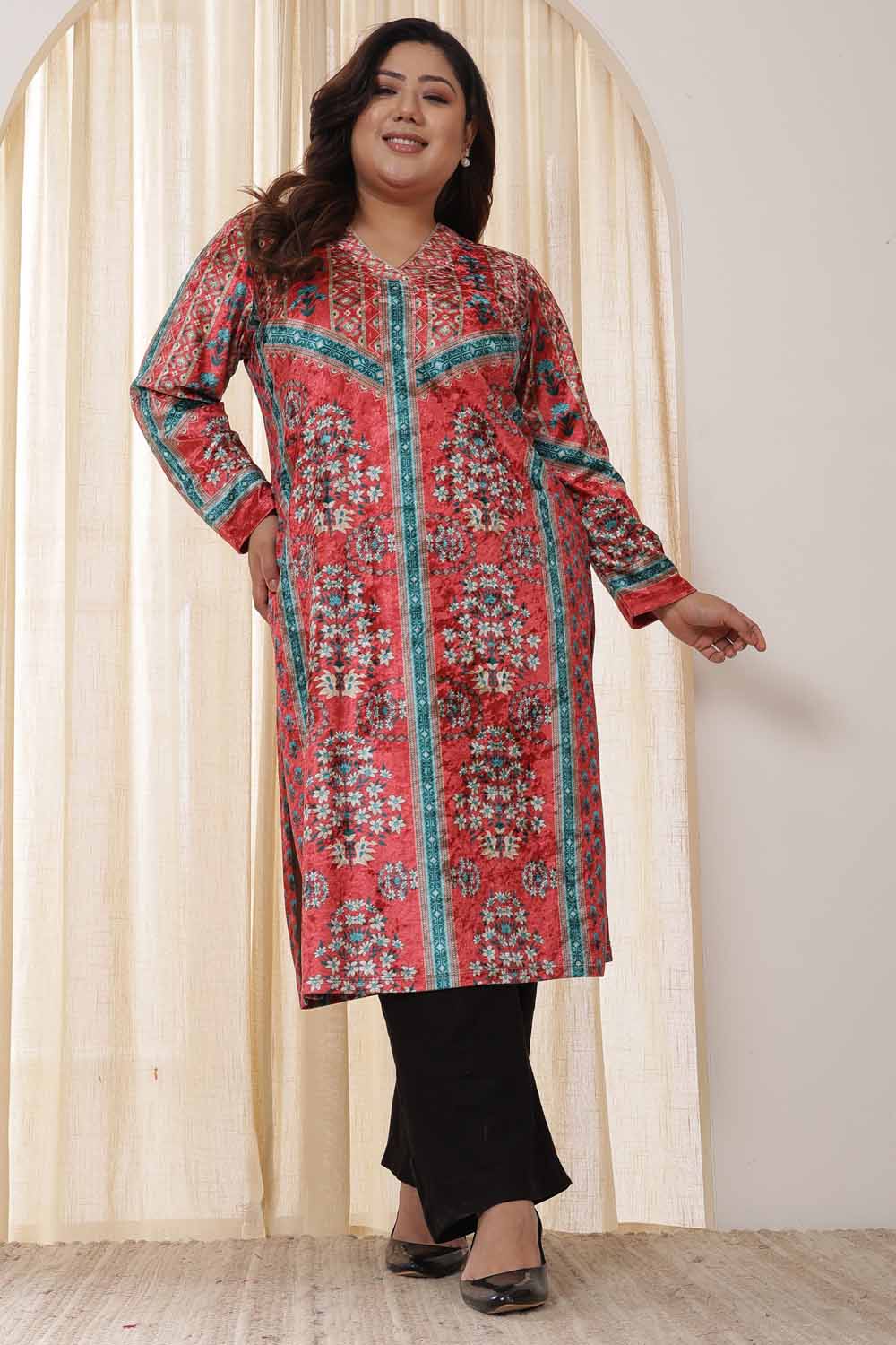 Plus Size Red Teal Velvet Kurta