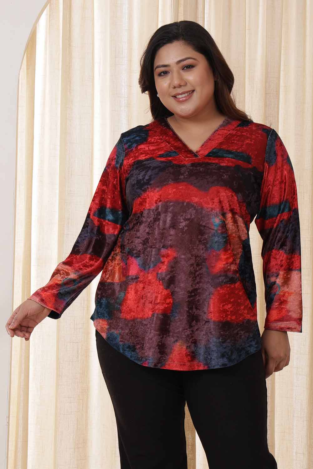 Plus Size Red Abstract Velvet Top for Women