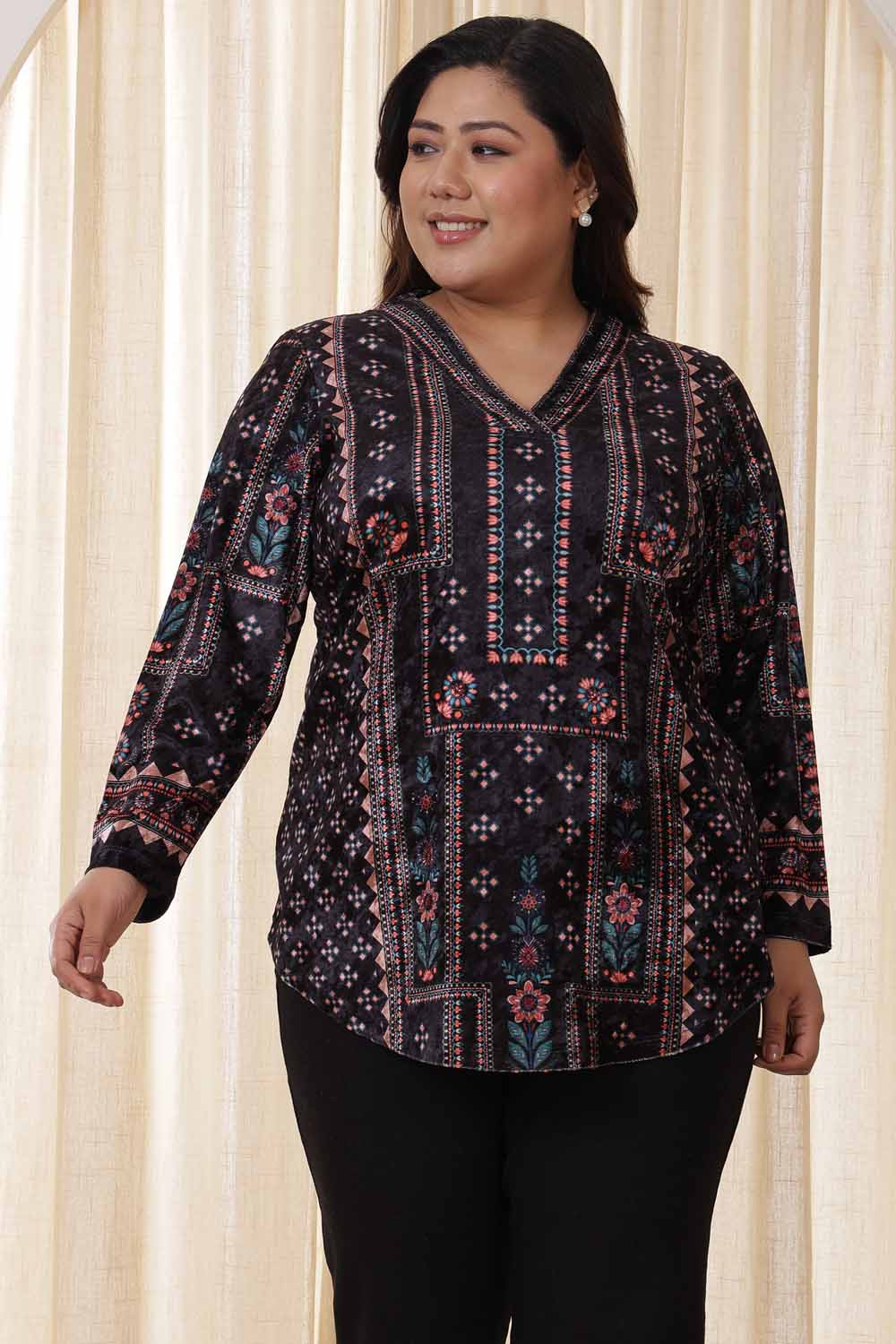 Plus Size Black Ethnic Velvet Top