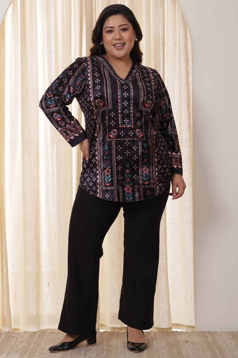 Plus Size Plus Size Black Ethnic Velvet Top