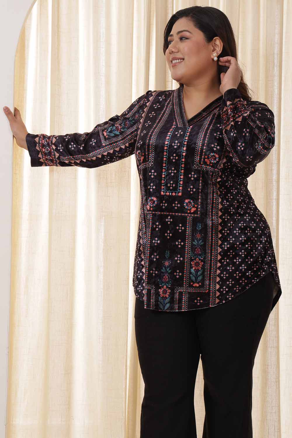 Plus Size Black Ethnic Velvet Top