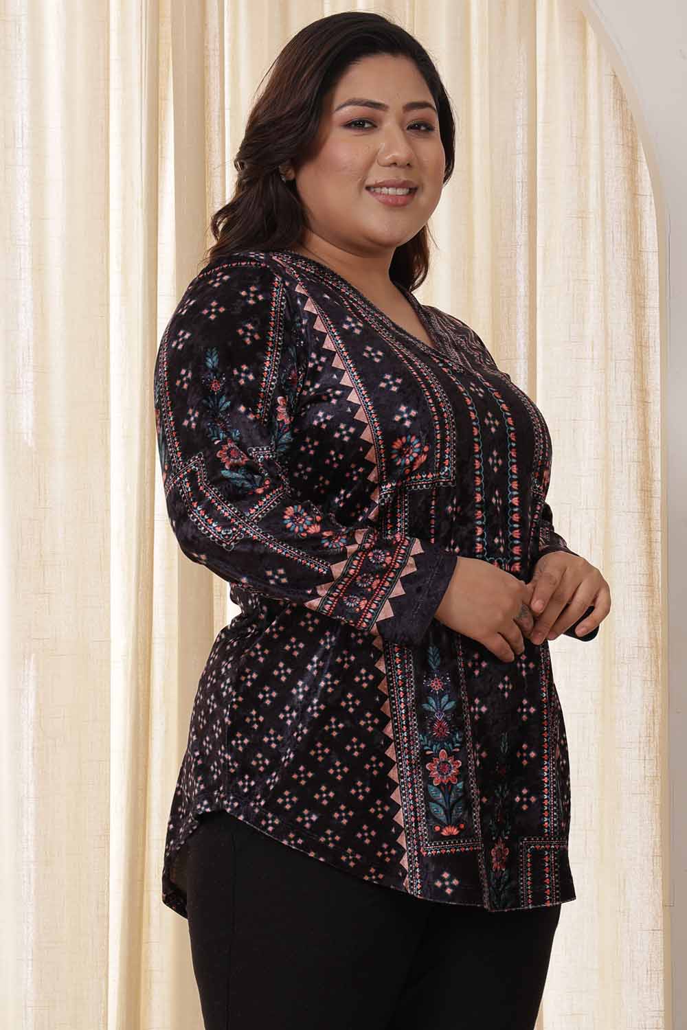 Plus Size Black Ethnic Velvet Top for Women