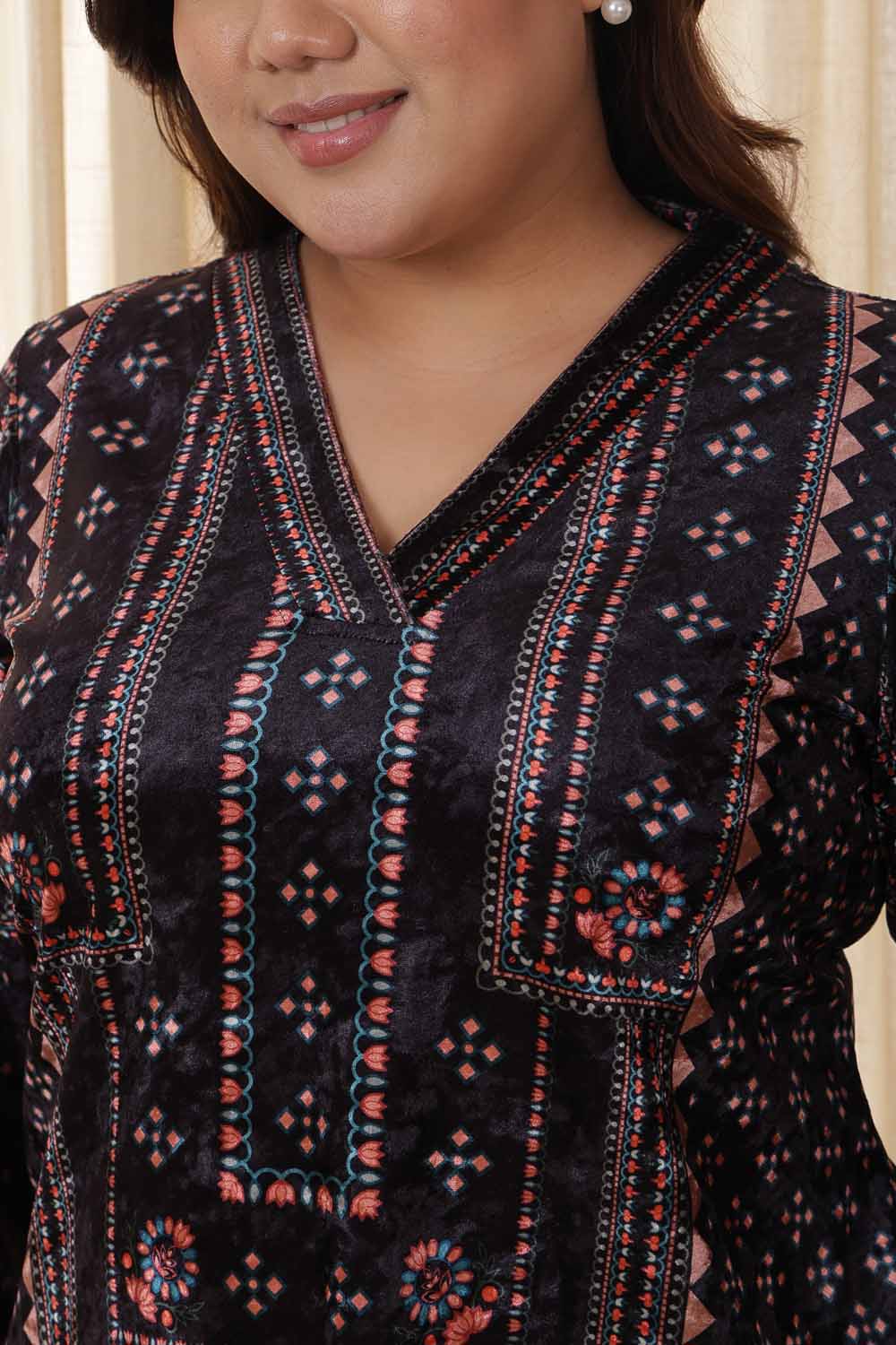 Comfortable Plus Size Black Ethnic Velvet Top