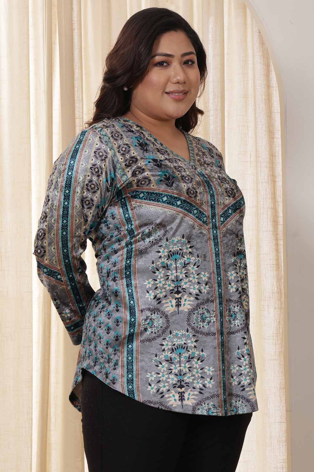 Plus Size Blue Grey Velvet Top for Women