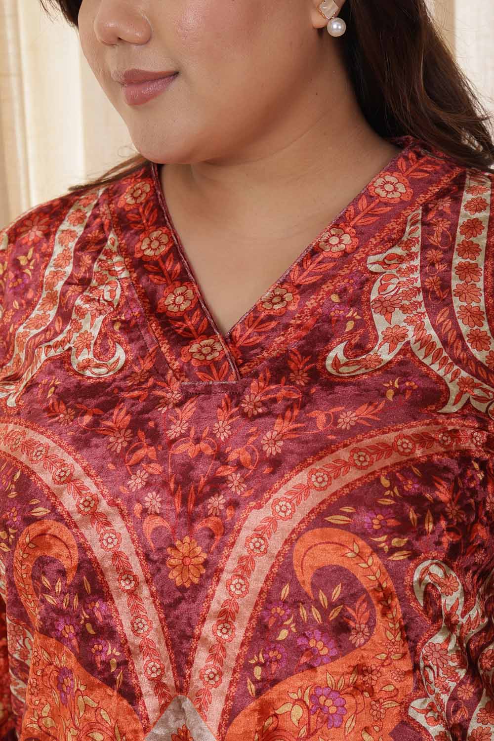 Comfortable Plus Size Orange Ethnic Velvet Top