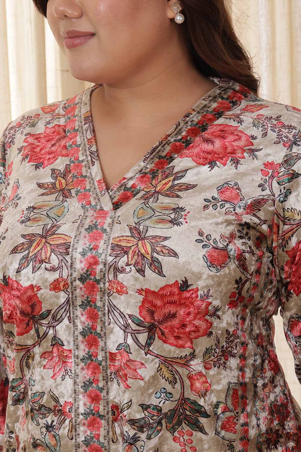 Comfortable Plus Size Pink Ethnic Floral Velvet Top