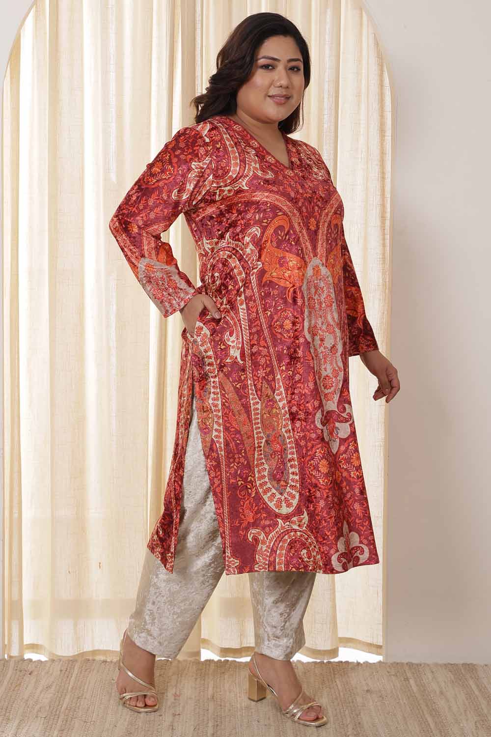 Plus Size Orange Ethnic Velvet Kurta for Women