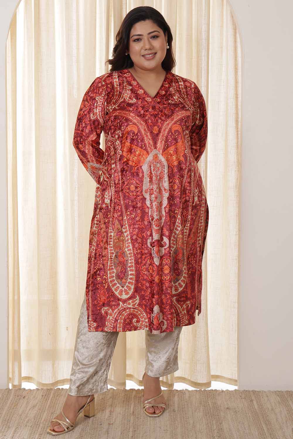 Plus Size Plus Size Orange Ethnic Velvet Kurta