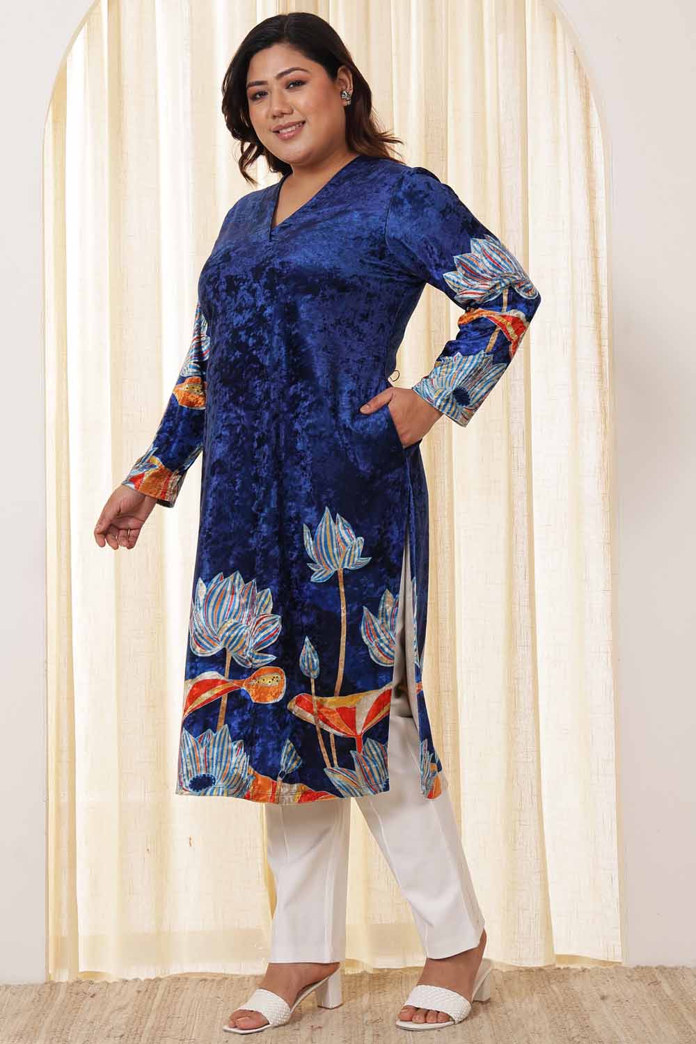 Plus Size Blue Floral Velvet Kurta