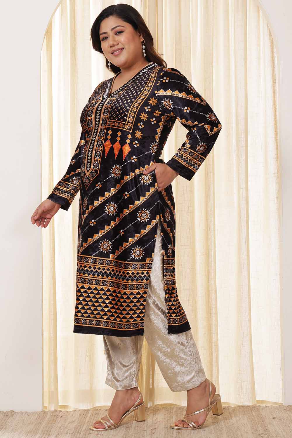 Plus Size Black Beige Velvet Kurta