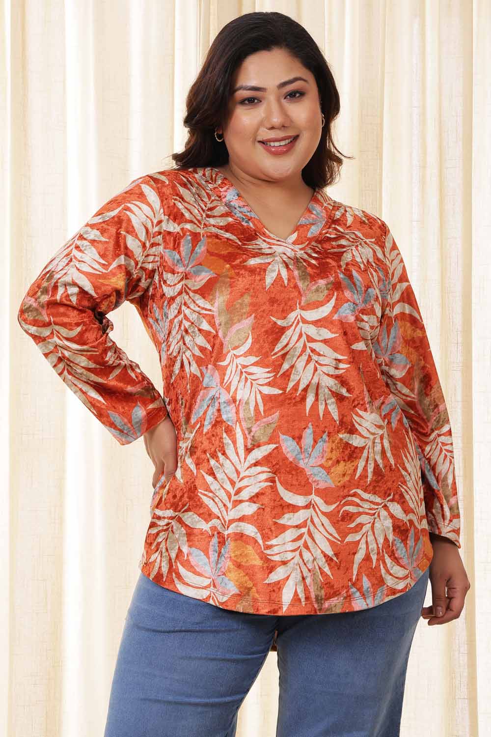 Plus Size Plus Size Orange Floral Velvet Top