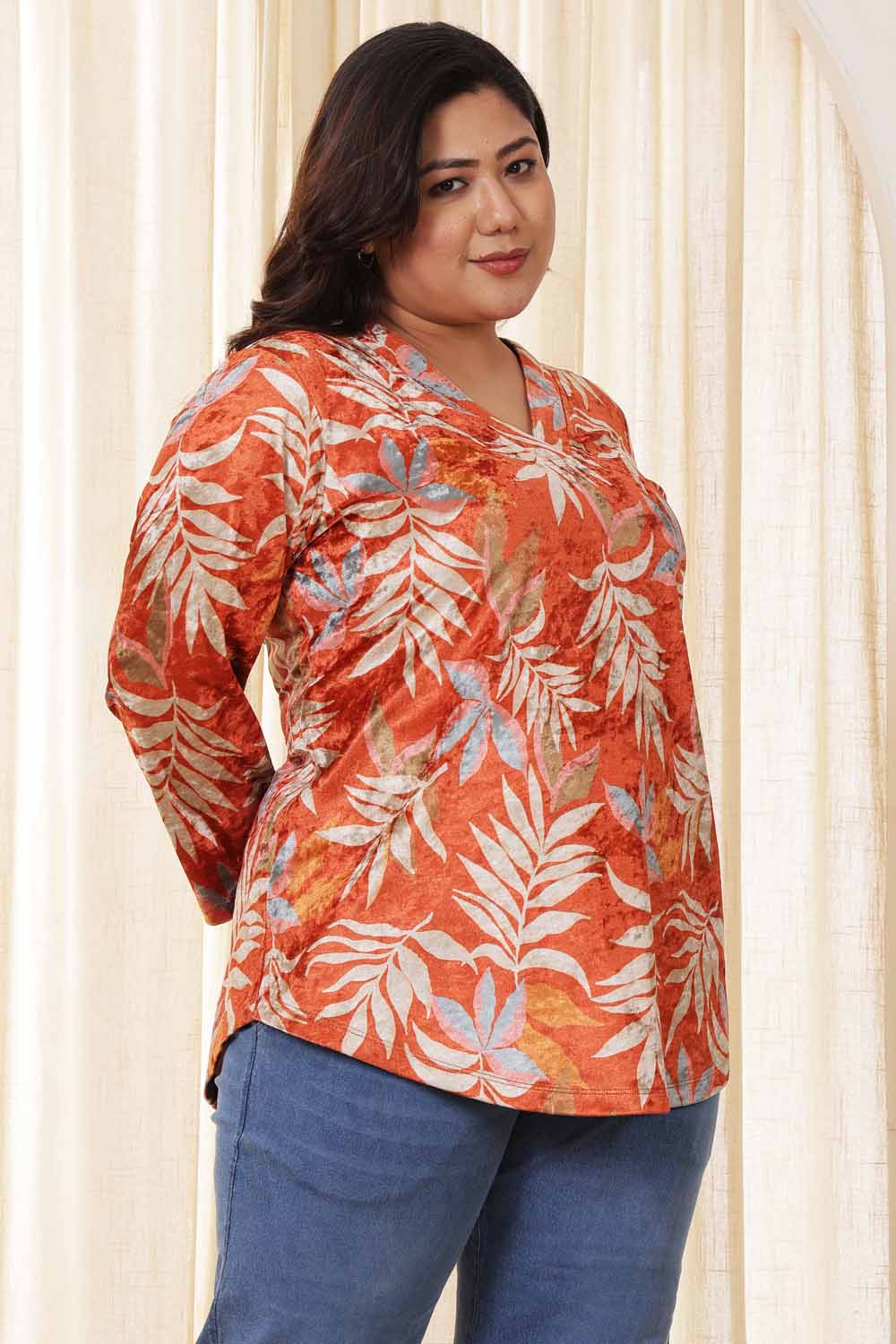 Plus Size Orange Floral Velvet Top for Women