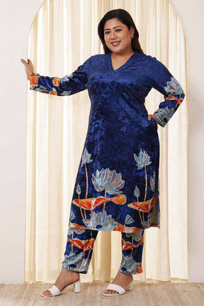 Plus Size Blue Floral Velvet Coord Set