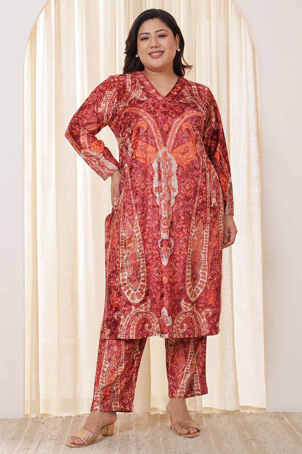 Plus Size Plus Size Orange Ethnic Velvet Coord Set