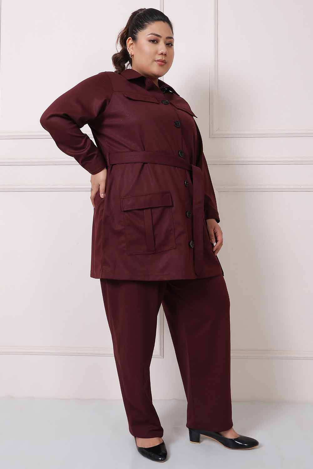 Plus Size Wine Shacket Coord Set for Women