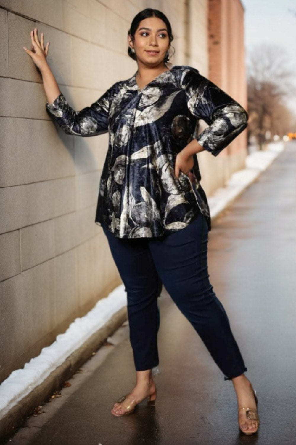 Black Floral V Neck Velvet Top