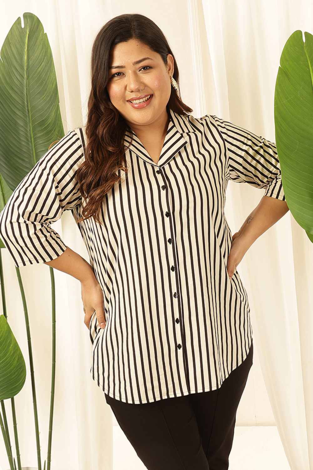 Plus Size Black & White Striped Cuban Collar Cotton Shirt