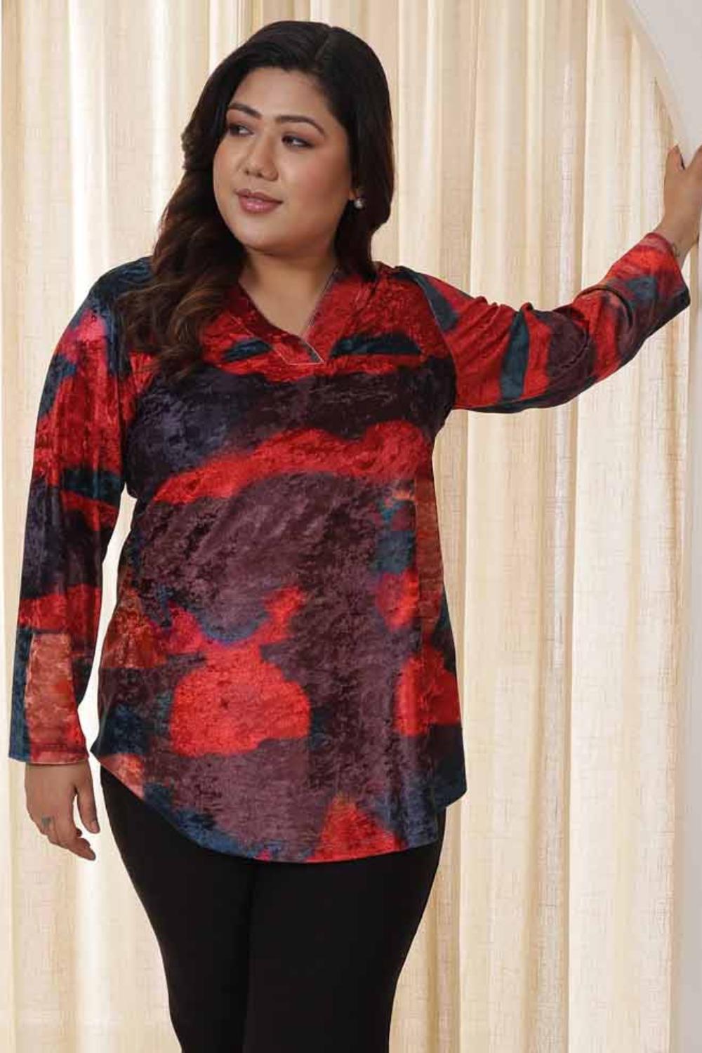 Plus Size Red Abstract Velvet Top