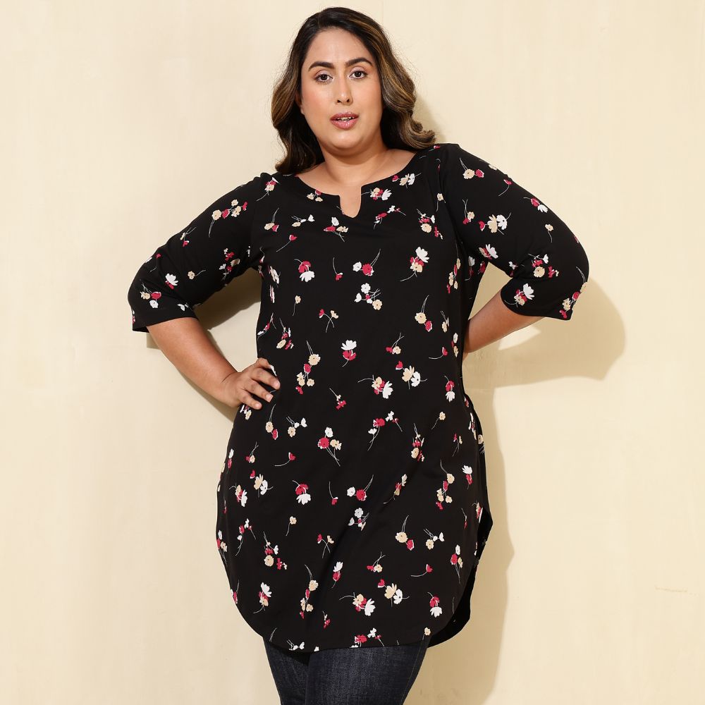 Plus Size Black Red Floral Tunic