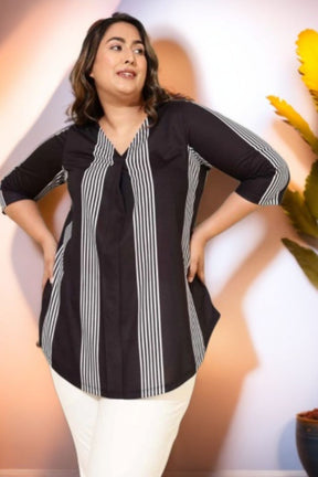 Plus Size Black White Striped Centre Pleat Top