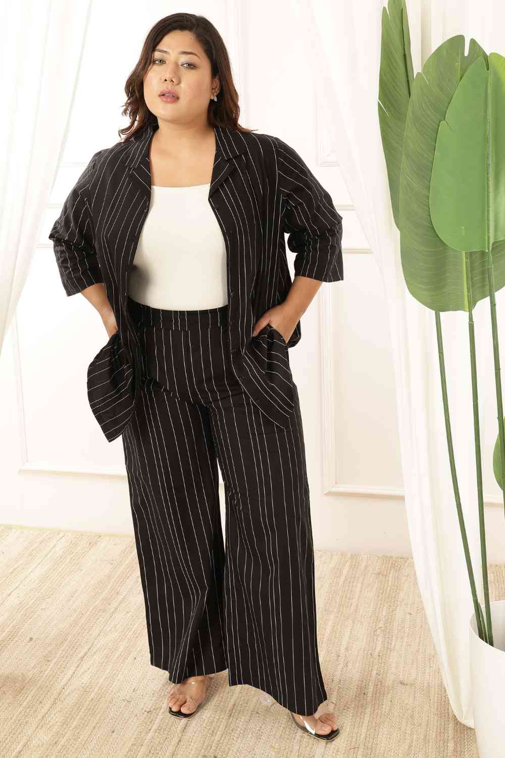 Plus Size Black Stripe Shirt Coord Set