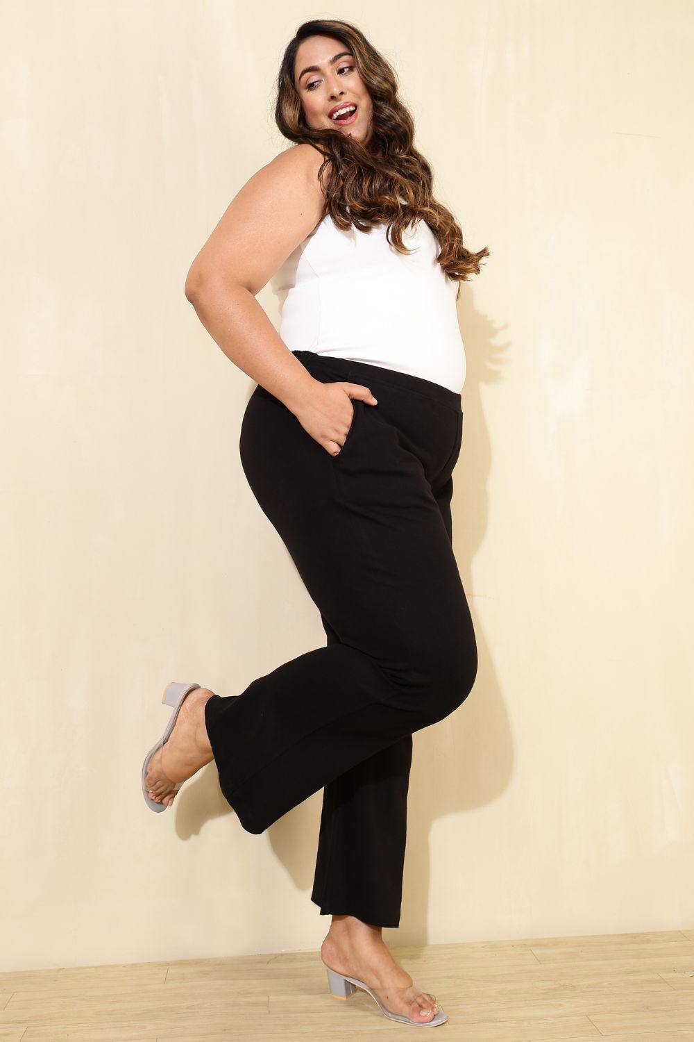 Plus Size High Waisted Black Cotton Flare Pants