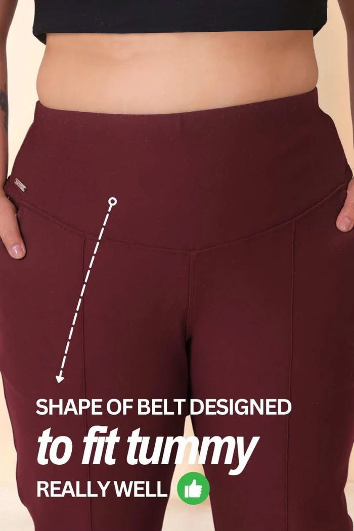 Plus Size Wine Tummy Shaper Straight Fit Pants