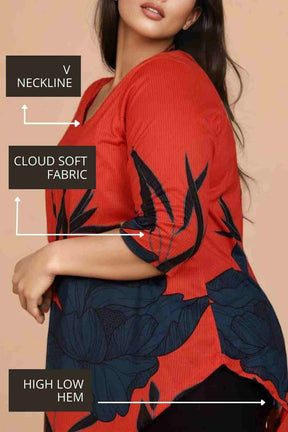 Red Teal Print Plus Size Top