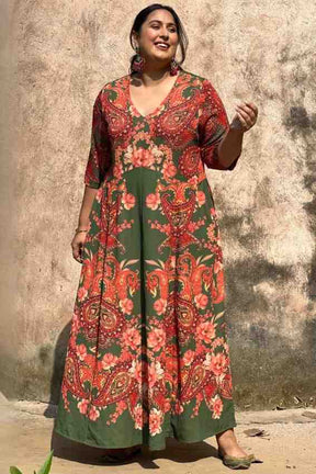 Plus Size Red Green Printed Anarkali Dress