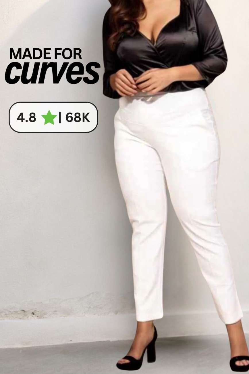 Plus Size White Tummy Shaper Straight Fit Pants