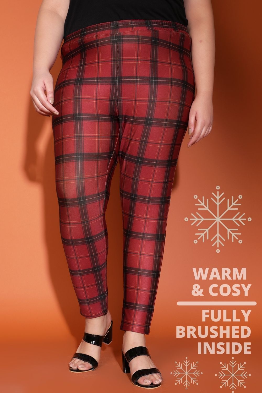 amydus red black check warm winter plus size blended fleece leggings