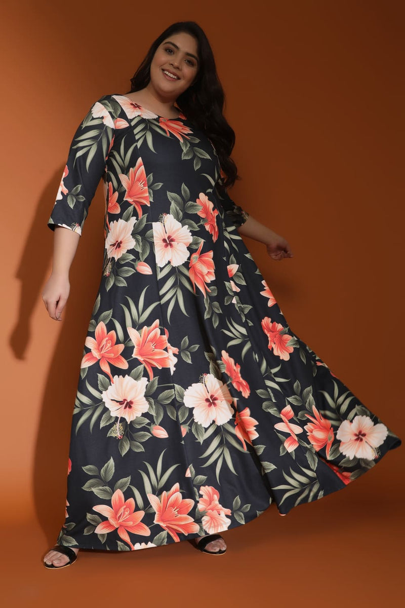 Plus Size Plus Size Black Tropical Print Maxi Dress Online in India