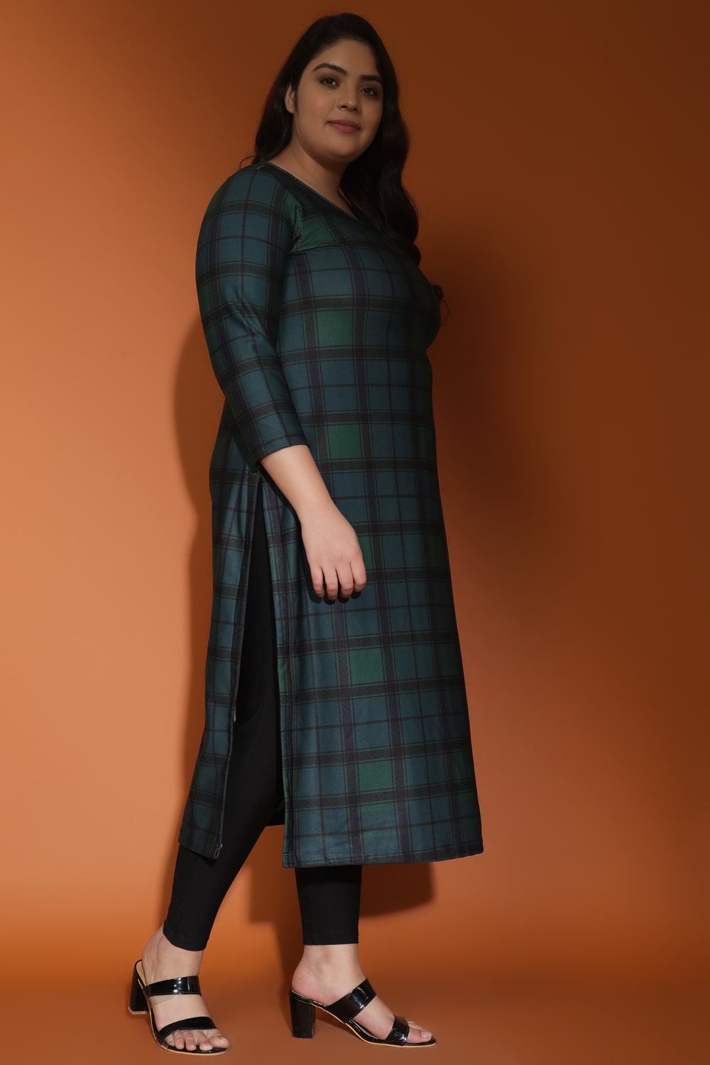 Plus Size Green Checkered Art Woolen Winter kurti