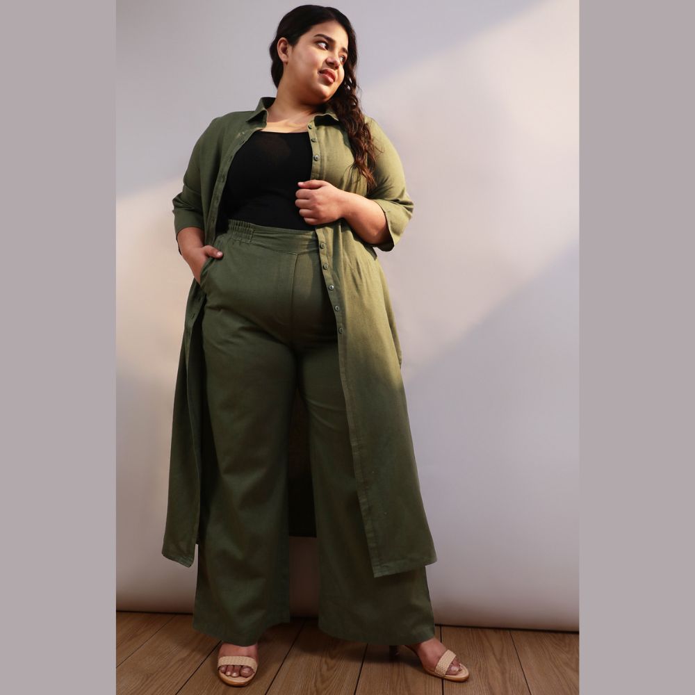 Olive Cotton Linen Kurta Shrug