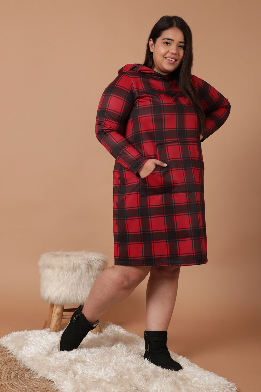 Red Black Plaid Printed Sweatshirt Hoodie Winter Dress