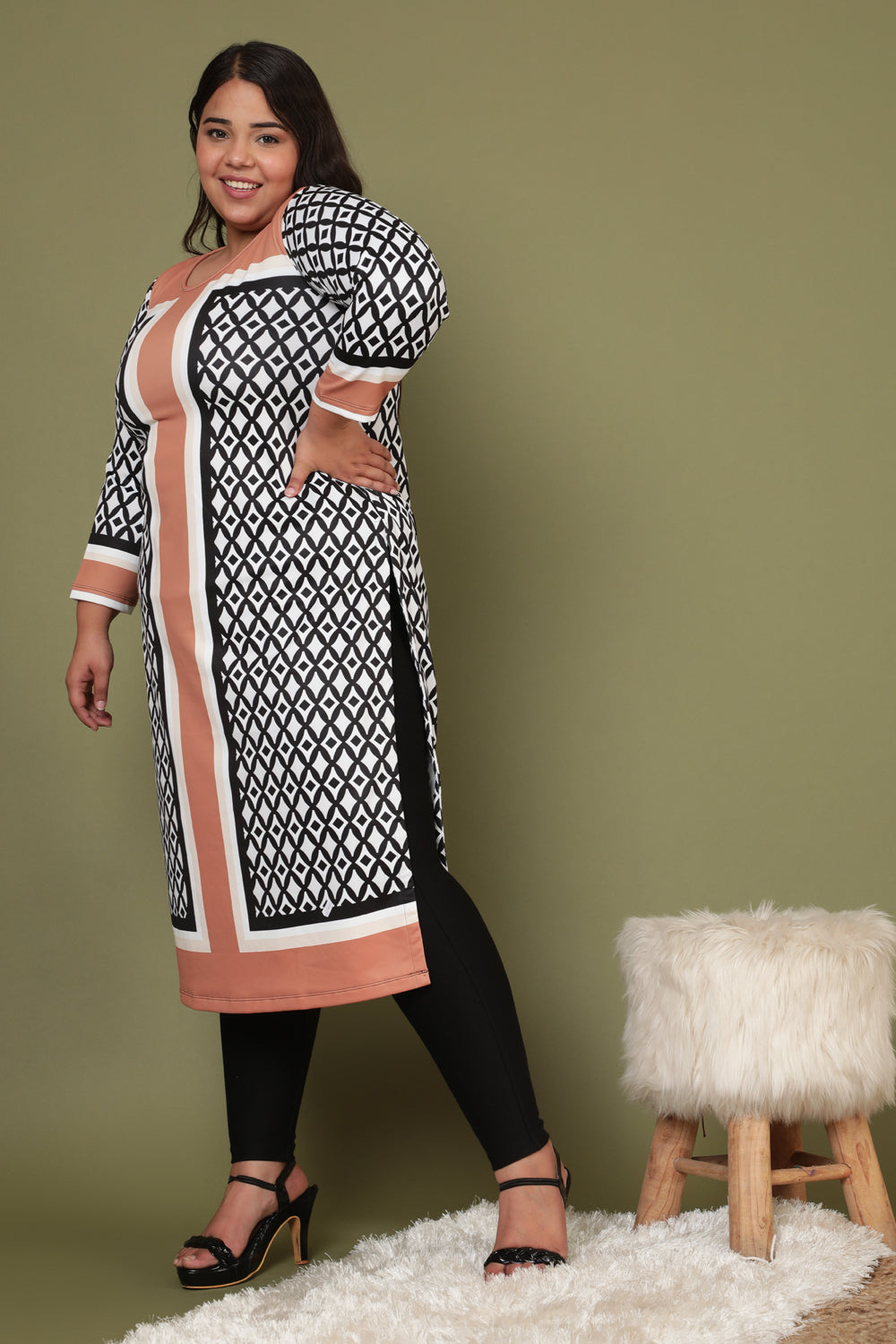 Tan Monochrome Art Woolen Winter Kurti for Women