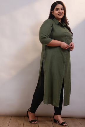 Olive Cotton Linen Kurta Shrug