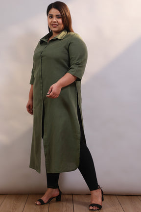 Olive Cotton Linen Kurta Shrug