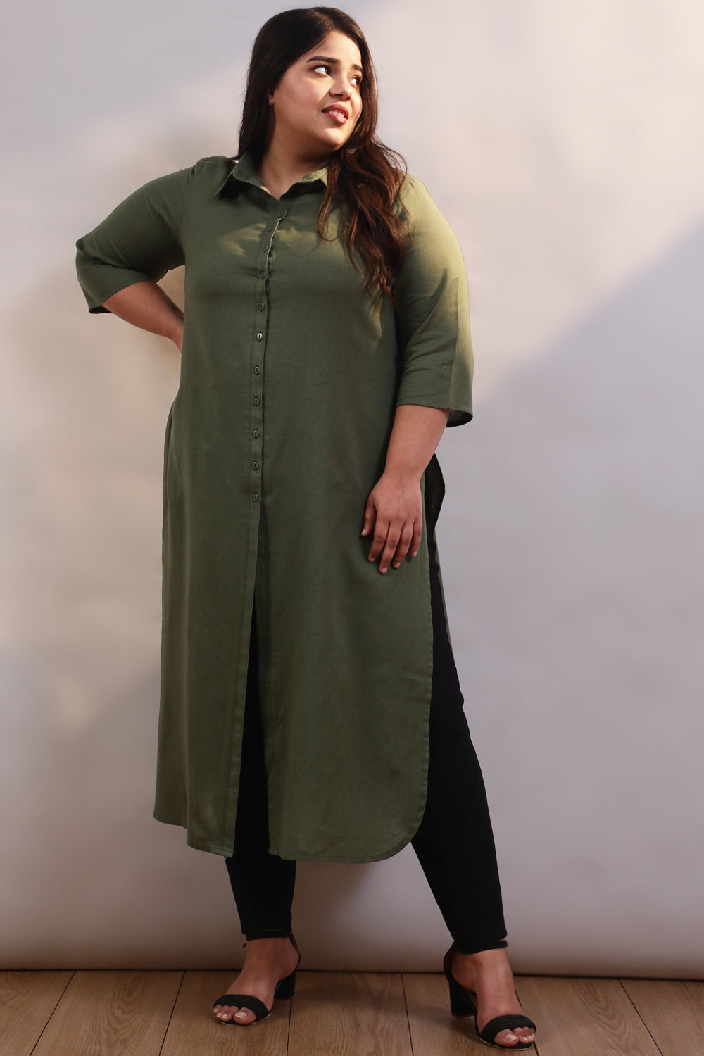 Olive Cotton Linen Kurta Shrug