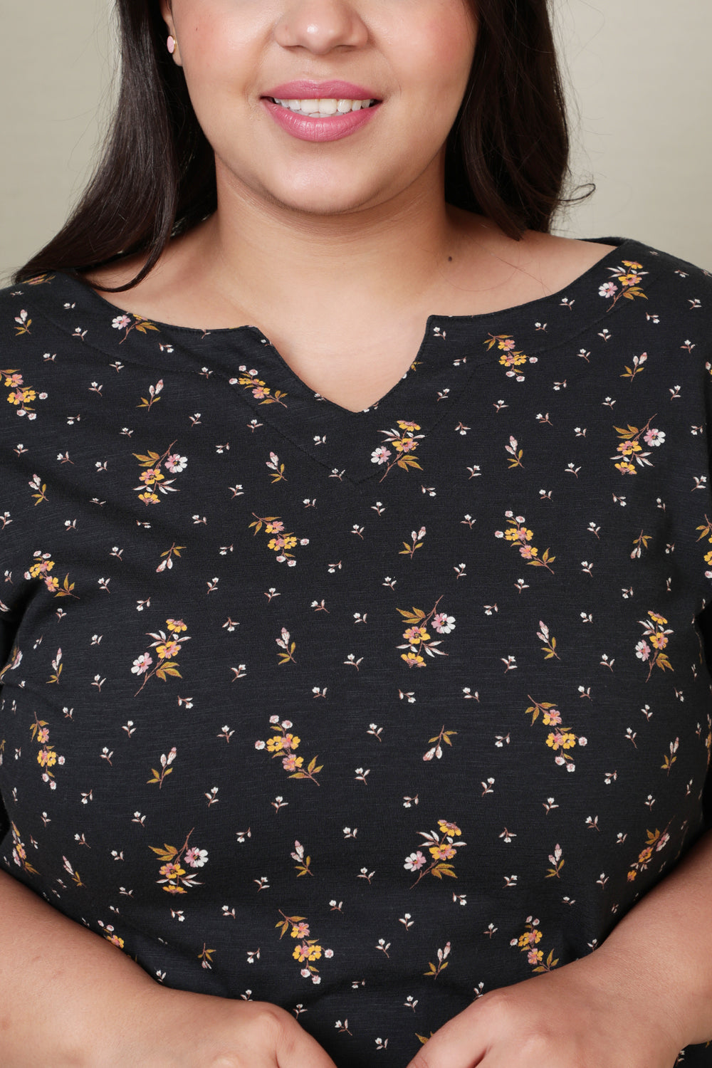 Plus Size Black Floral Print Longline Tunic