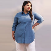 Blue Cotton Linen Shirt Style Long Top