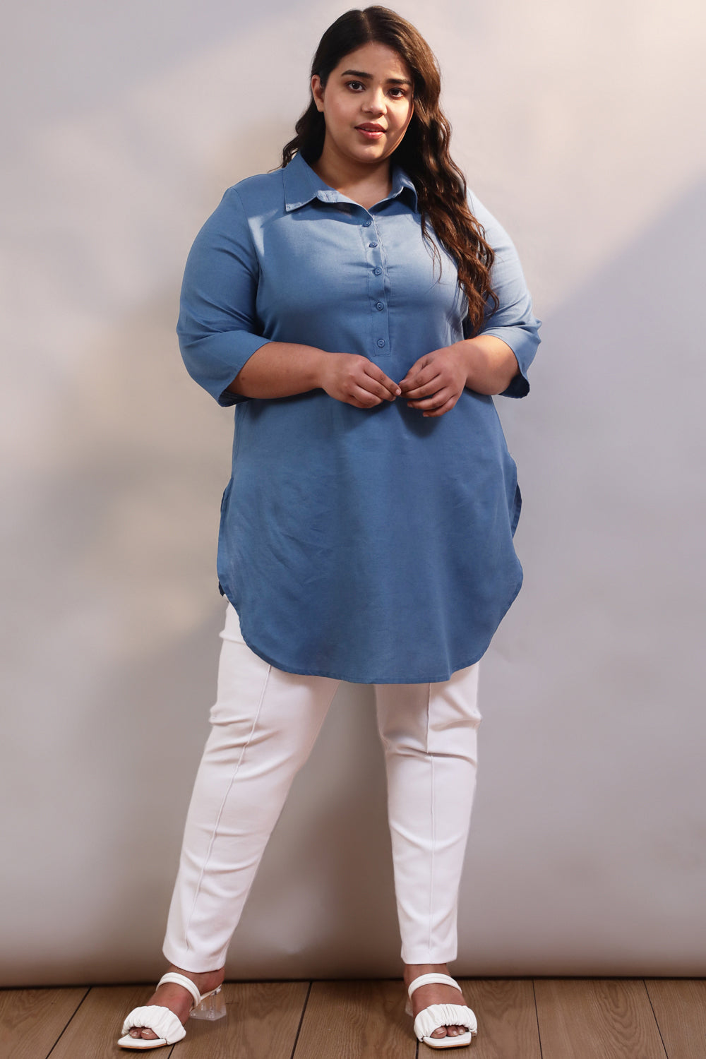 Blue Cotton Linen Shirt Style Long Top