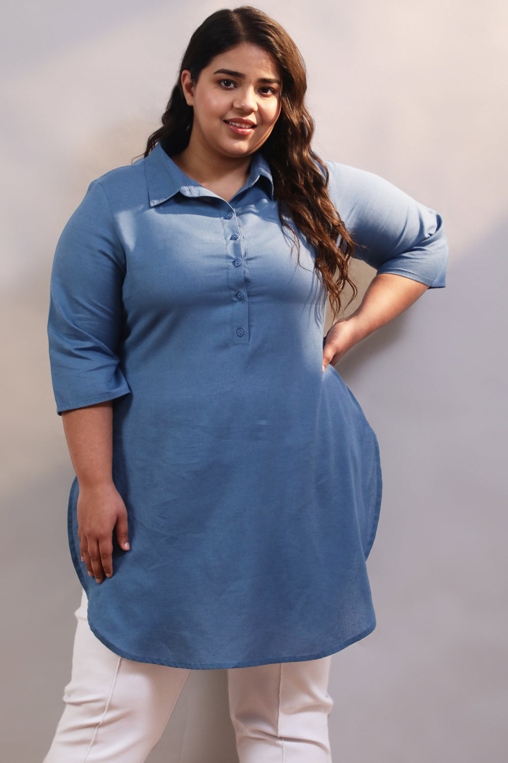 Blue Cotton Linen Shirt Style Long Top