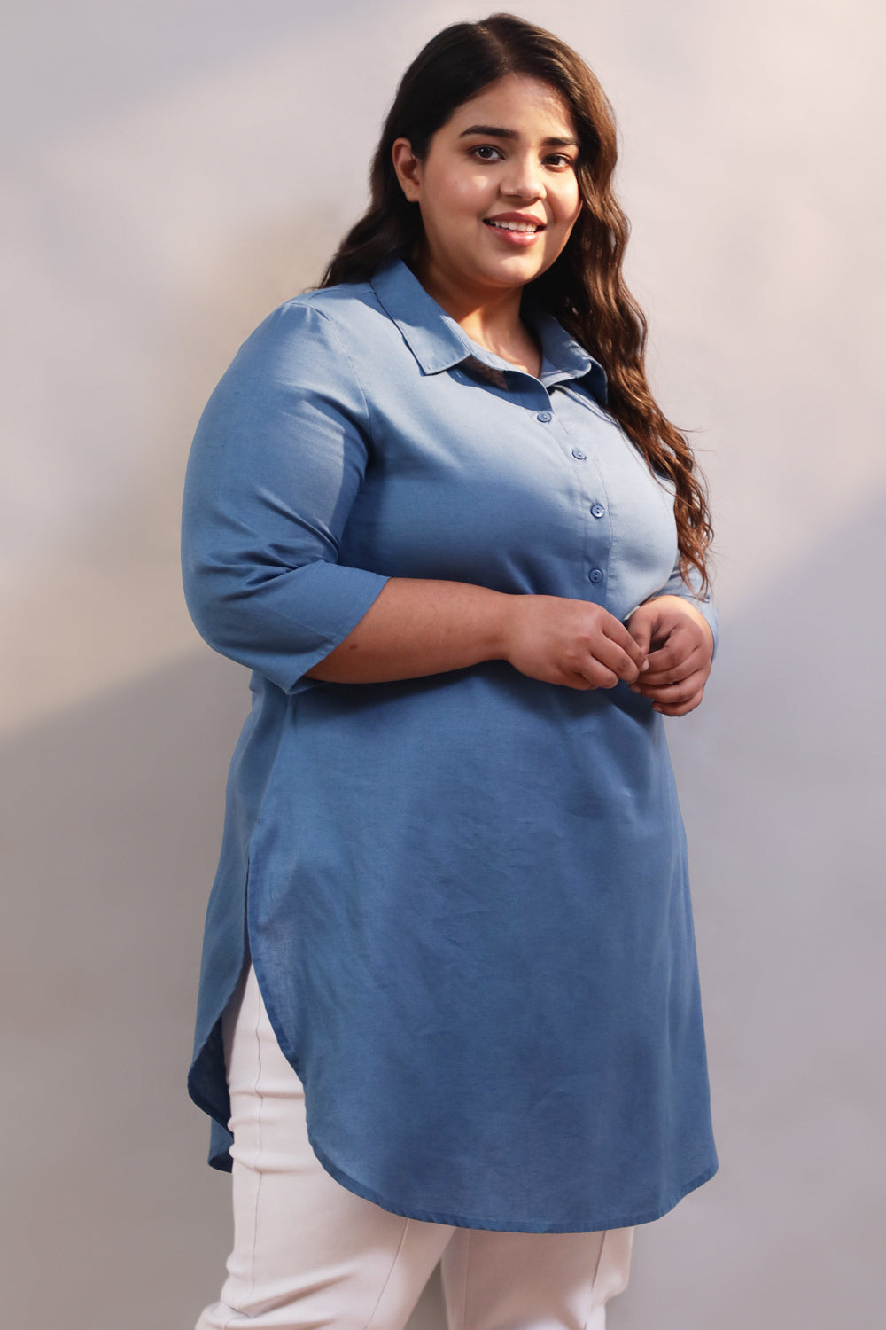 Plus Size Blue Cotton Linen Shirt Style Long Top