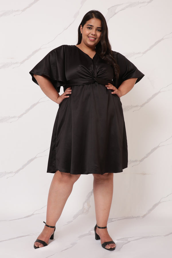Buy Plus Size Black Satin Midi Knot Dress Online For Women - Amydus