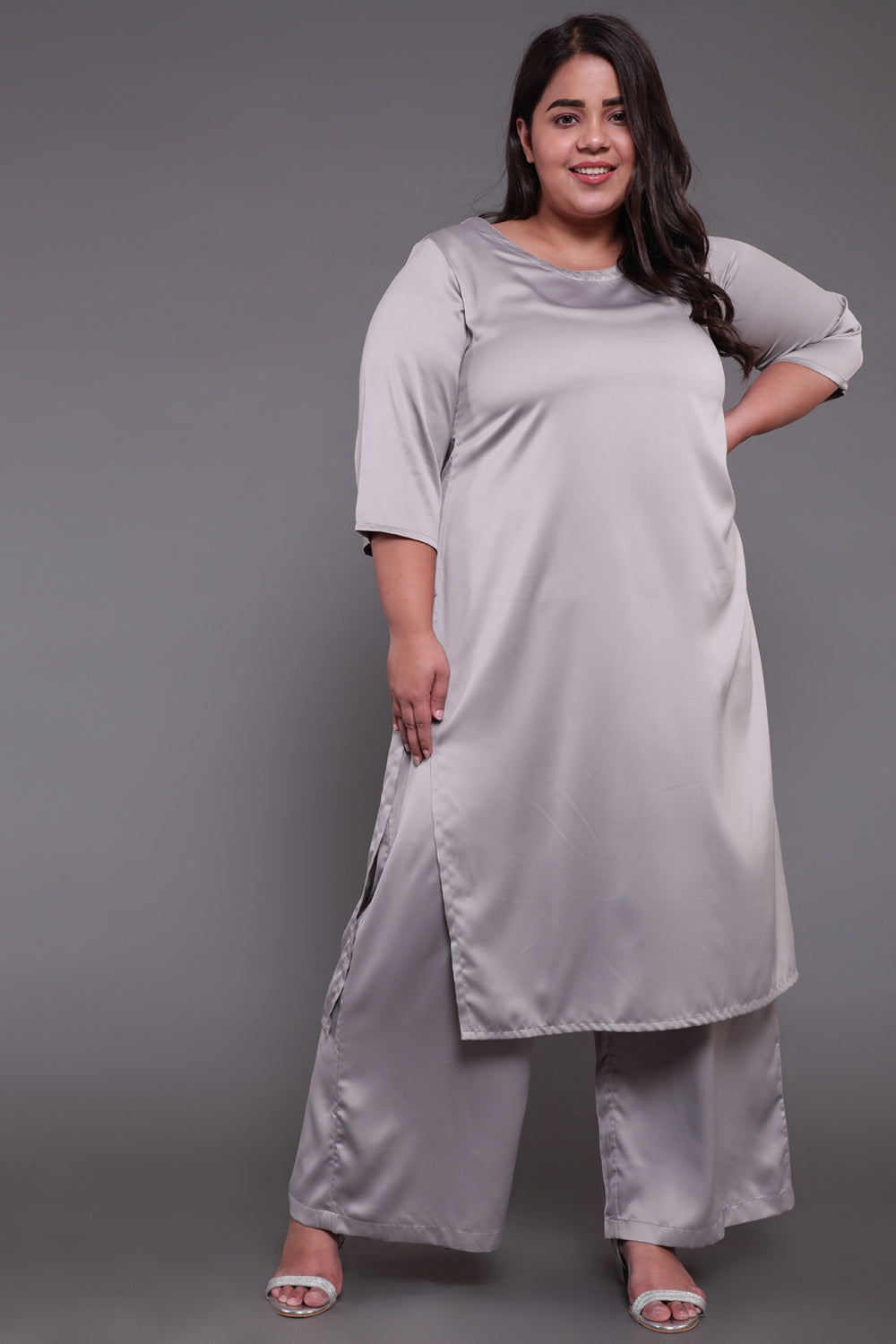 Plus Size Grey Solid Satin Party Wear Kurti