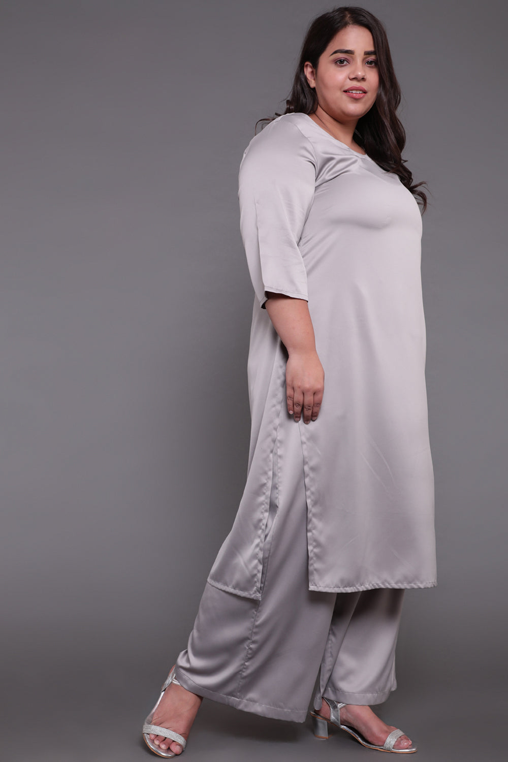 Grey Solid Satin Party Wear Kurti for Women