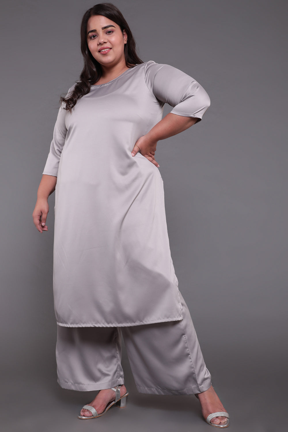 Comfortable Grey Solid Satin Party Wear Kurti