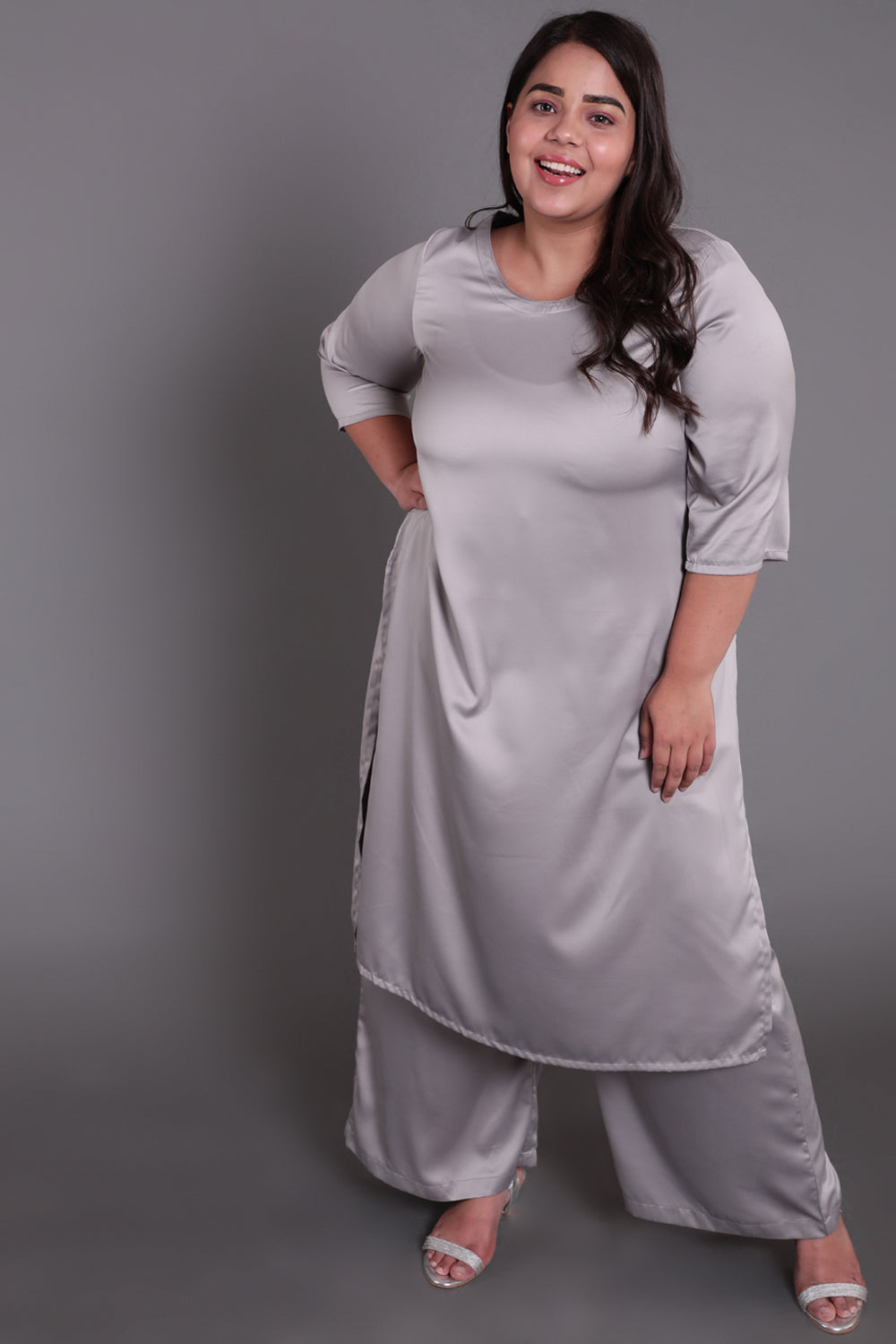 Grey Solid Satin Party Wear Kurti