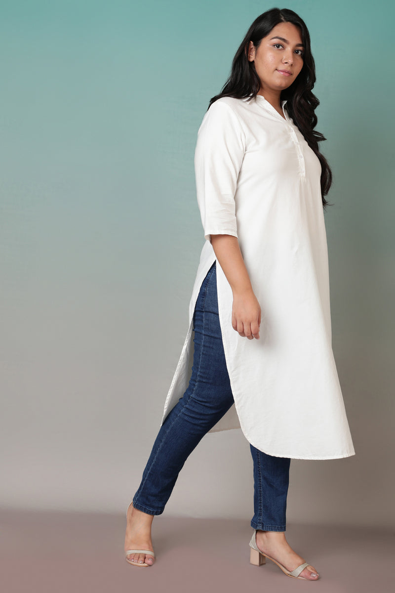 Buy Comfortable White Collar Kurta For Plus Size Ladies | Amydus